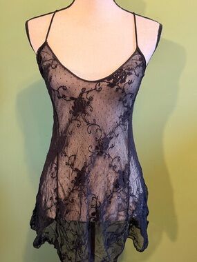 Music Legs Black Sheer Lace Chemise with Floral Embroidery